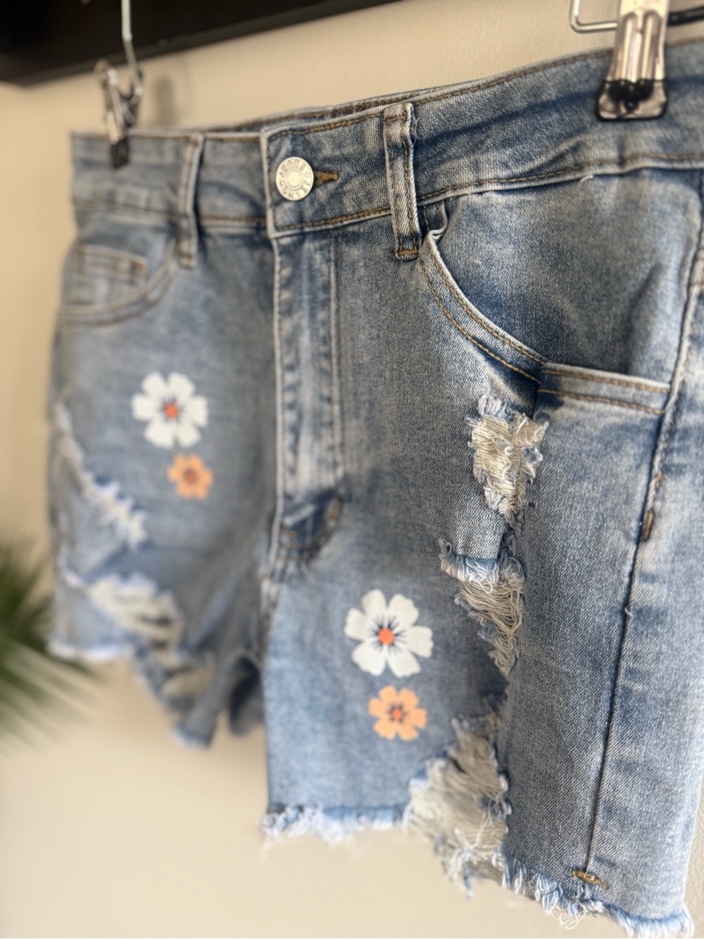 Distressed Denim Shorts with Cute Flowers (Never Worn)